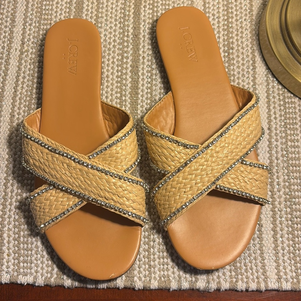 J Crew Raffia Crisscross Slide Sandals with Rhinestone Lining Size 8.5